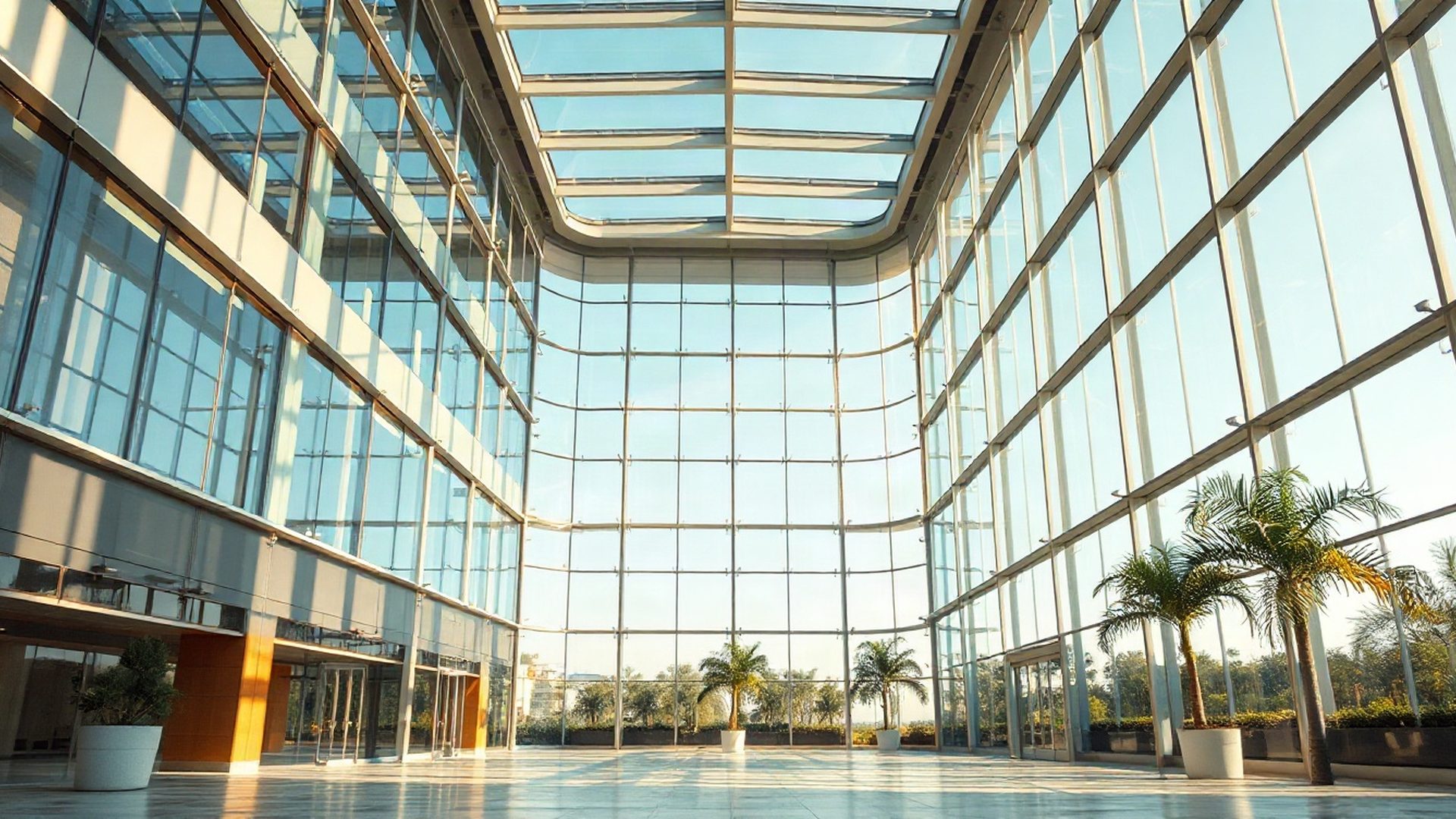 Glass-and-steel corporate atrium bathed in azure daylight
