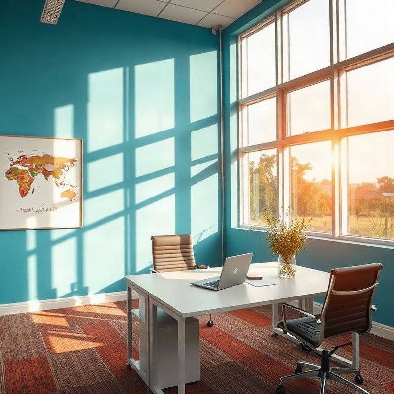 Bright modern advisory office interior in Nakuru with azure accent walls