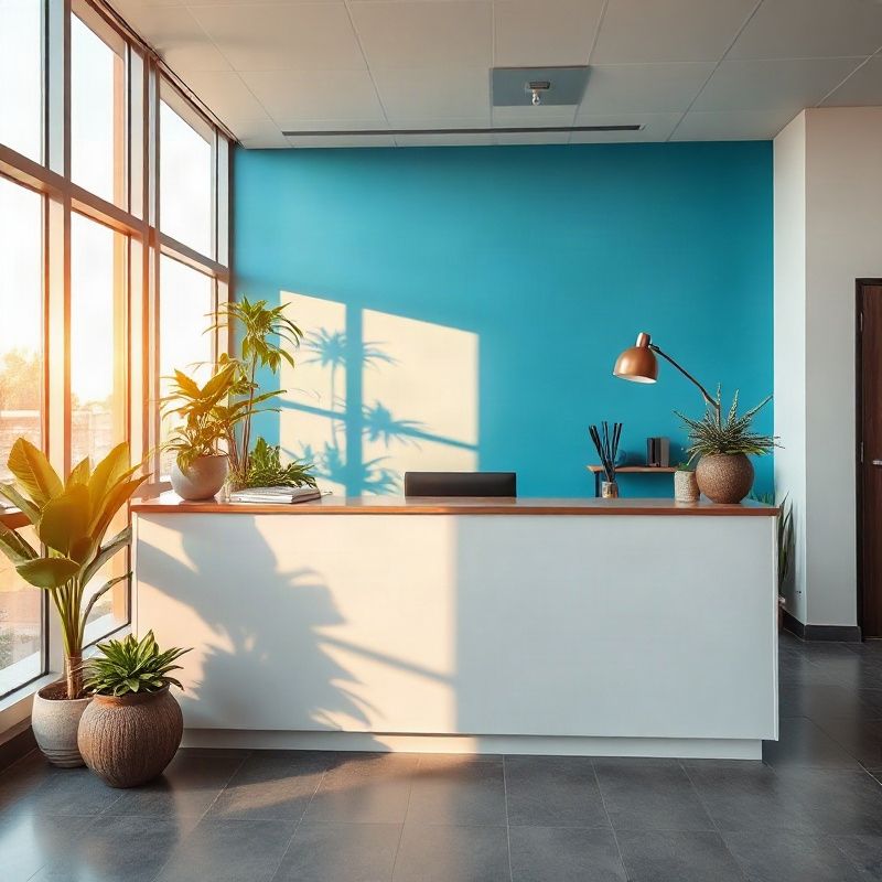 Welcoming Nakuru advisory office reception desk with azure feature wall
