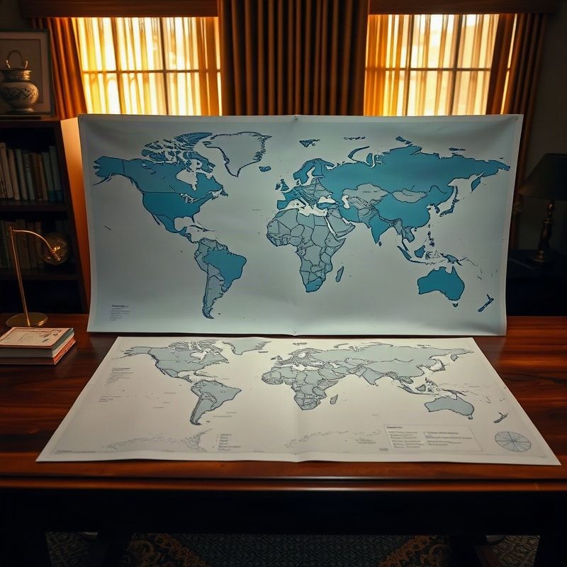 World map printed on heavy cream paper spread across a mahogany desk