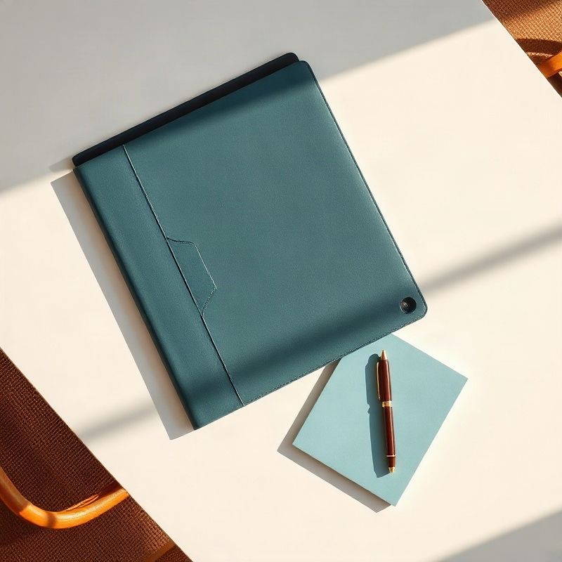 Overhead flat-lay of a compliance document folder and notepad on a white conference table